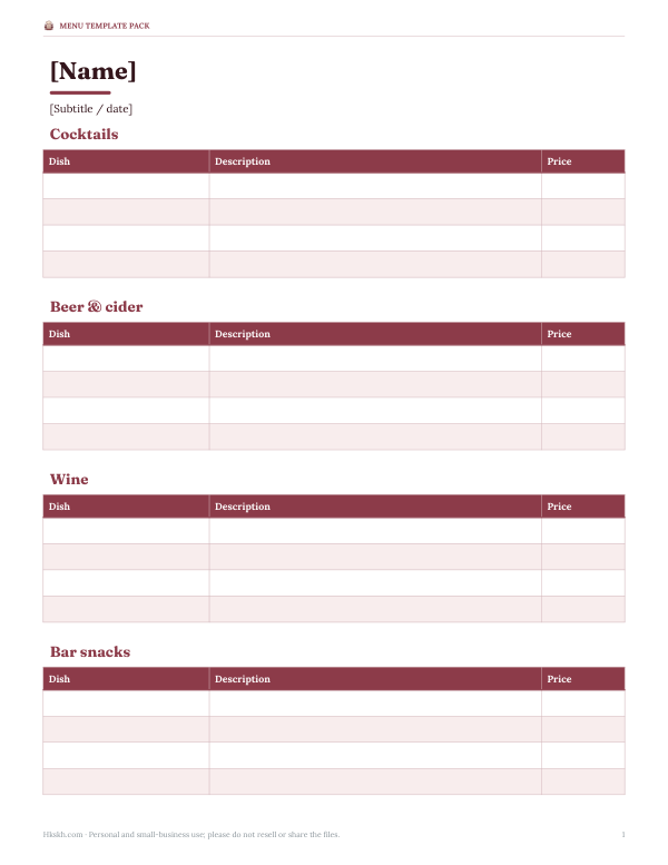 Preview of Printable Bar Menu Template
