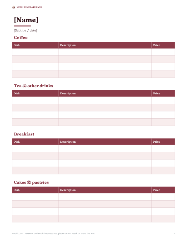 Preview of Printable Café Menu Template