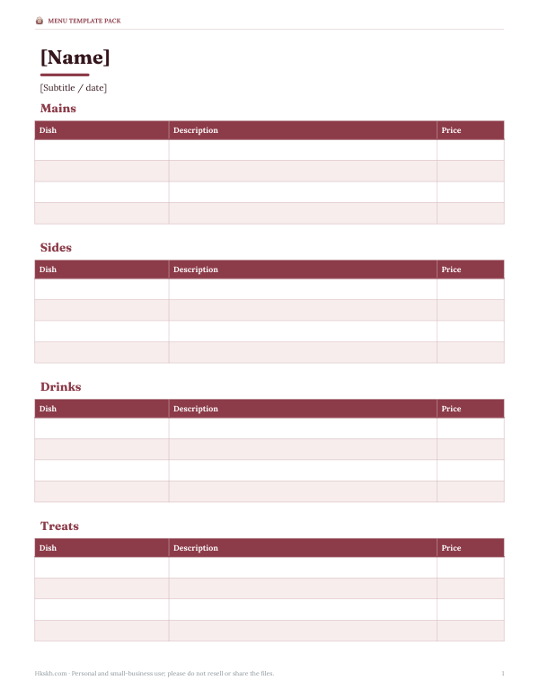 Preview of Printable Kids Menu Template