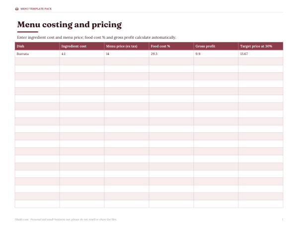 Preview of Printable Menu Costing Sheet