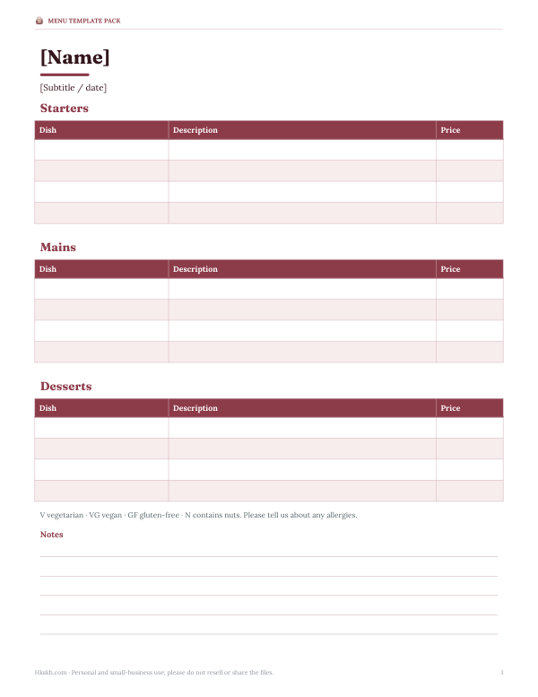 Preview of Printable Restaurant Menu Template