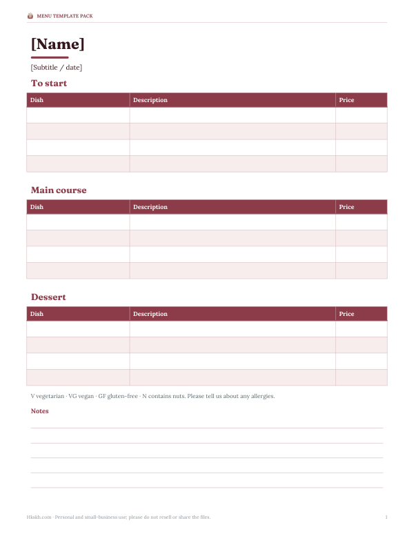 Preview of Printable Wedding Menu Template